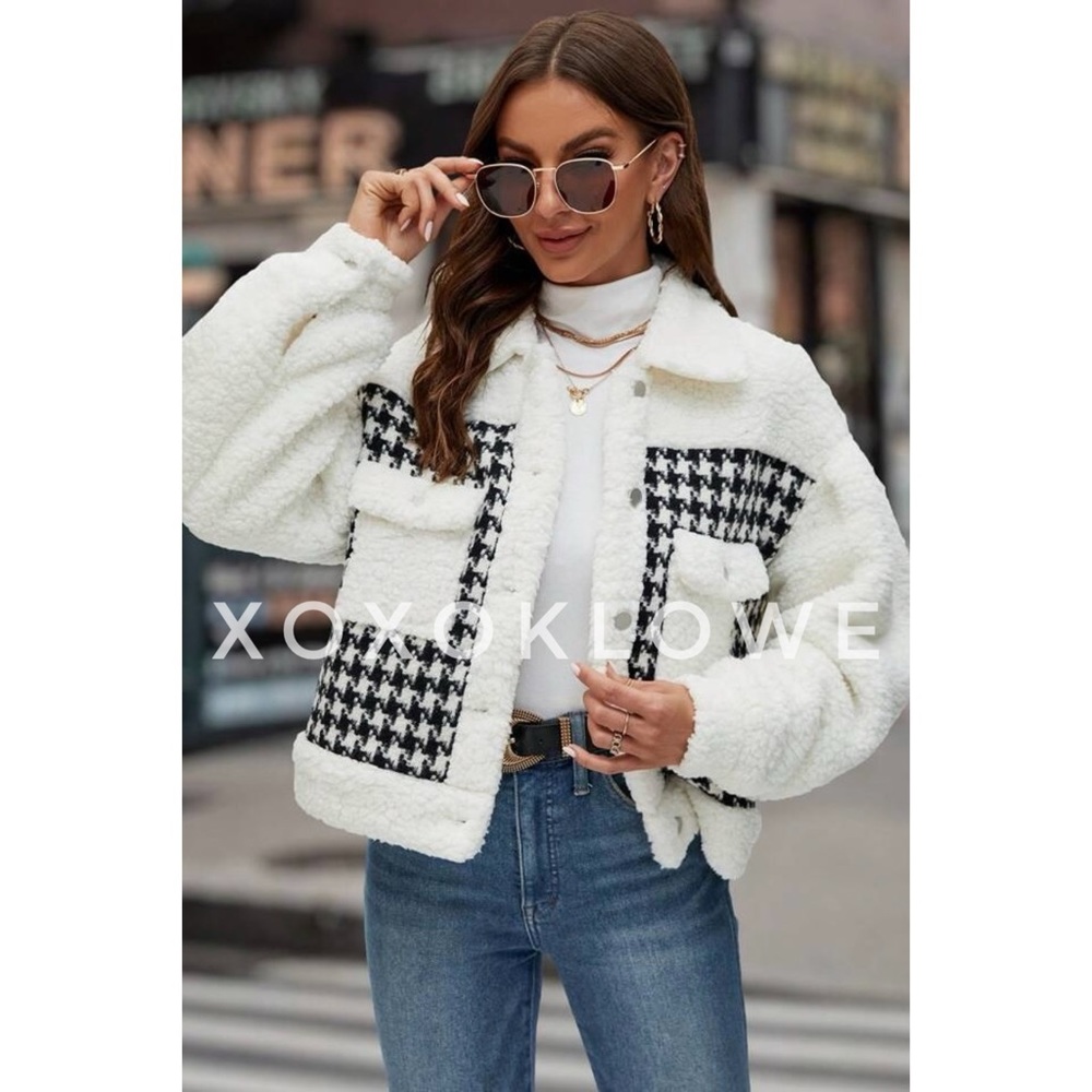 POL Ivory Teddy Coat | Houndstooth Sherpa Jacket Oversized Cropped Fit